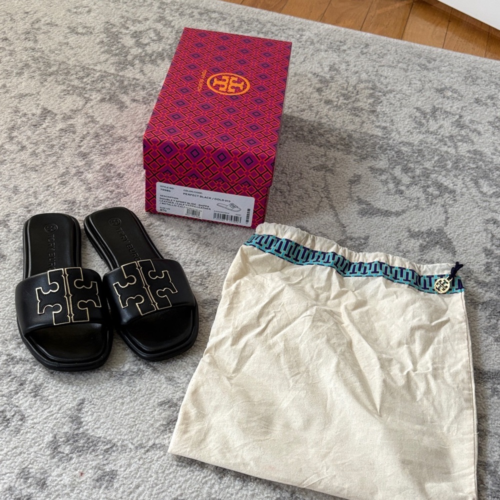 Tory Burch Black Logo Slide Sandals with Cream Dust Bag Accent